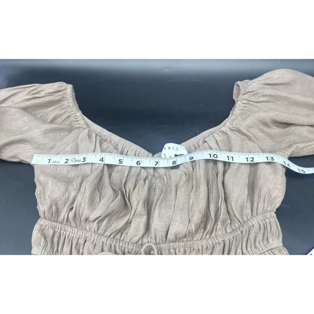 Mable Womens Beige Off Shoulder Puff Sleeve Romper Dress Sz M Boho Beach Peasant
